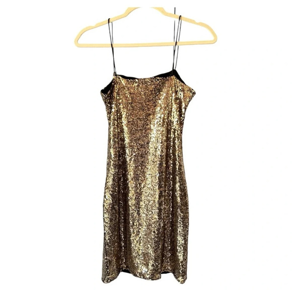 Forever 21 Women's Gold Sequin Mini Dress Size Small Spaghetti Straps New Year’s - Picture 2 of 11